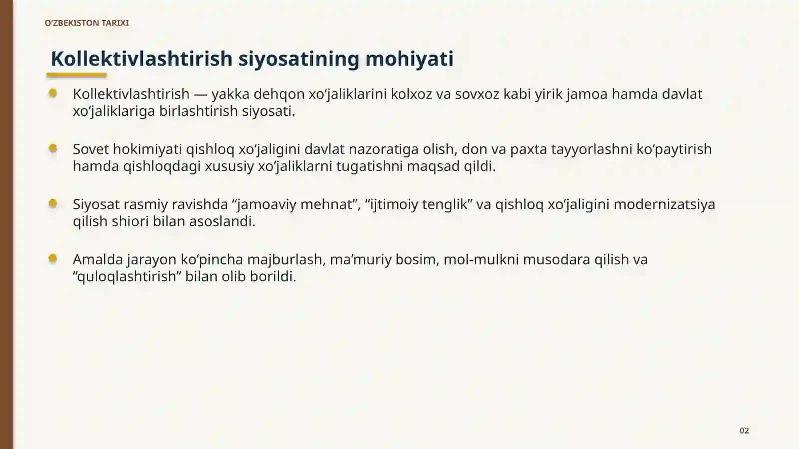 O‘ZBEKISTONDA QISHLOQ XO‘JALIGINI KOLLEKTIVLASHTIRISH SIYOSATI 3