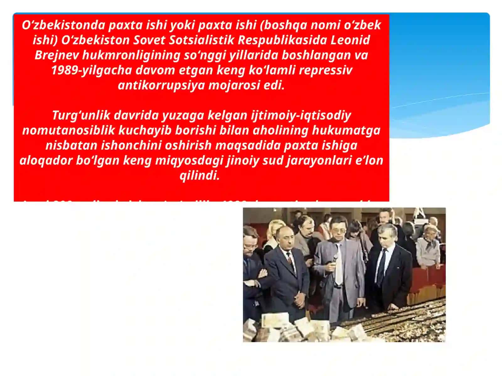 O’ZBEKISTONING ENG YANGI TARIXI FANIDAN,,’o’zbekistondaamalgaoshirilgan,,paxtaishi’’,,o’zbekishi’’ debnomlangansiyosiyqatag’on.’’mavzusidamustaqilish 3