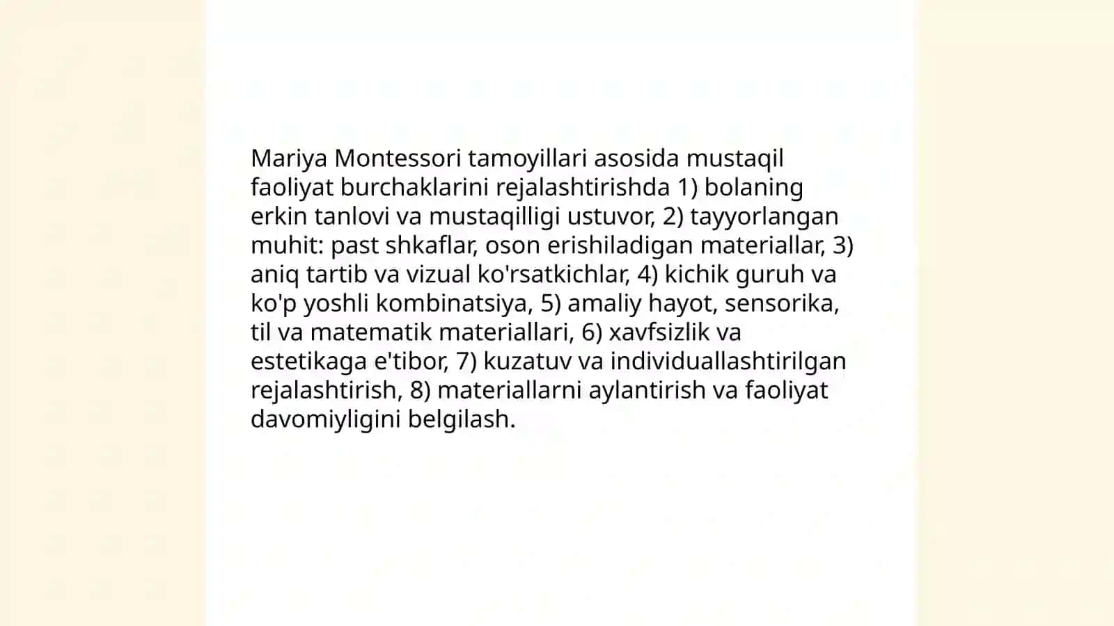 Slayd-taqdimoti Mariya Montessori ta'lim tizimi asosida mustaqil faoliyat burchaklarini tashkil etish 3
