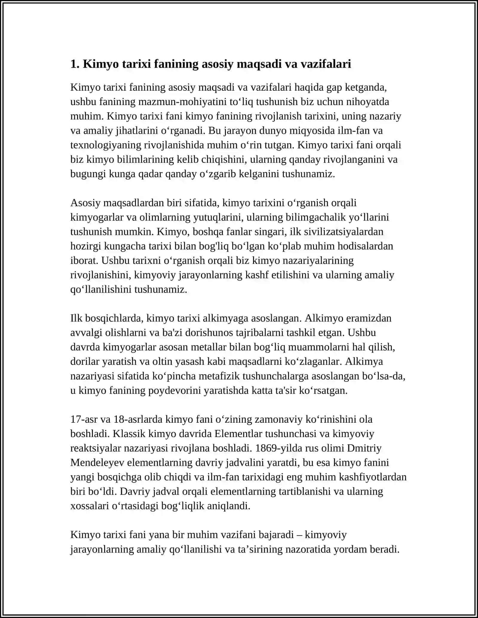 Kimyo Tarixi Fanining Asosiy Maqsadi, Vazifasi, Tizimi, Tuzilishi va Ilmiy Fan Sifatida Rivojlanishi 3