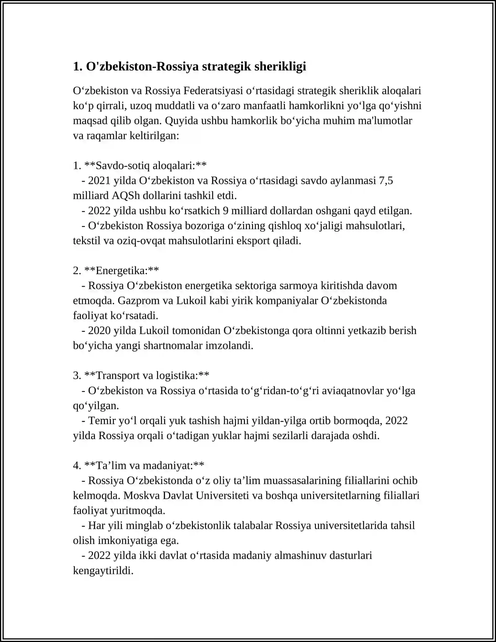 O'ZBEKISTON RESPUBLIKASINING ROSSIYA BILAN O'ZARO MUNOSABATLARI 3