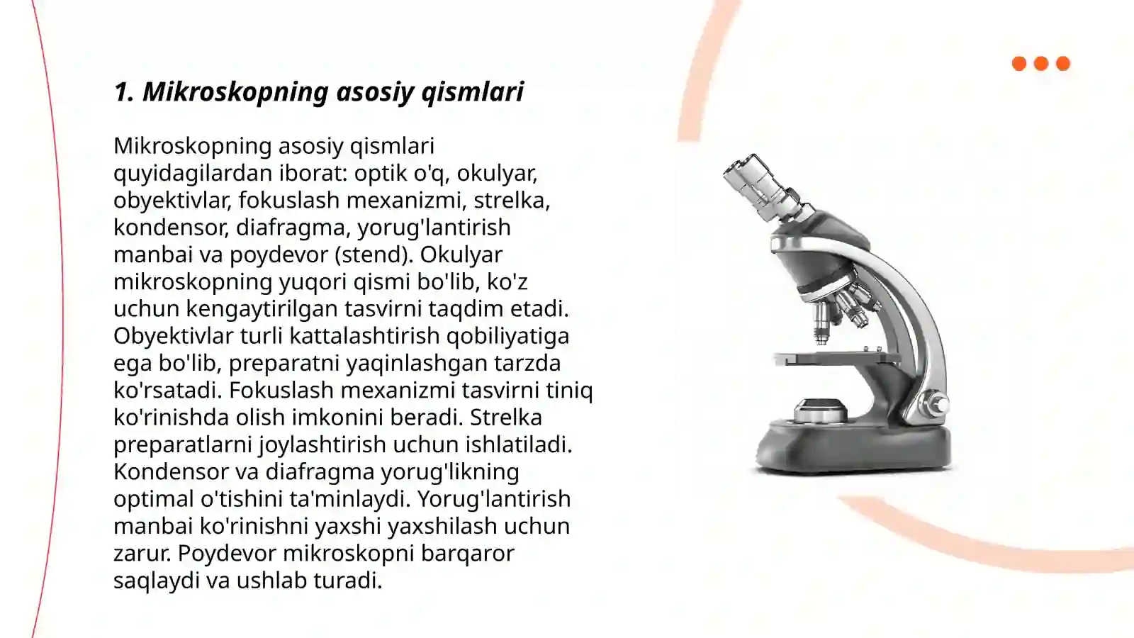 Mikroskop.Mikroskop bilan ishlash qoidasi.Vaqtinchalik pereparatlar tayyorlash.Viruslar.pro-eukariot hujayralar ularning òziga xos umumiy tuzulishi va farqlari.Eukariot hujayralarning ultrastrukturaviy tuzulishi.Hujayra membranasi uning nozik tuzulishi va hujayraga moddalarning kirishi 3