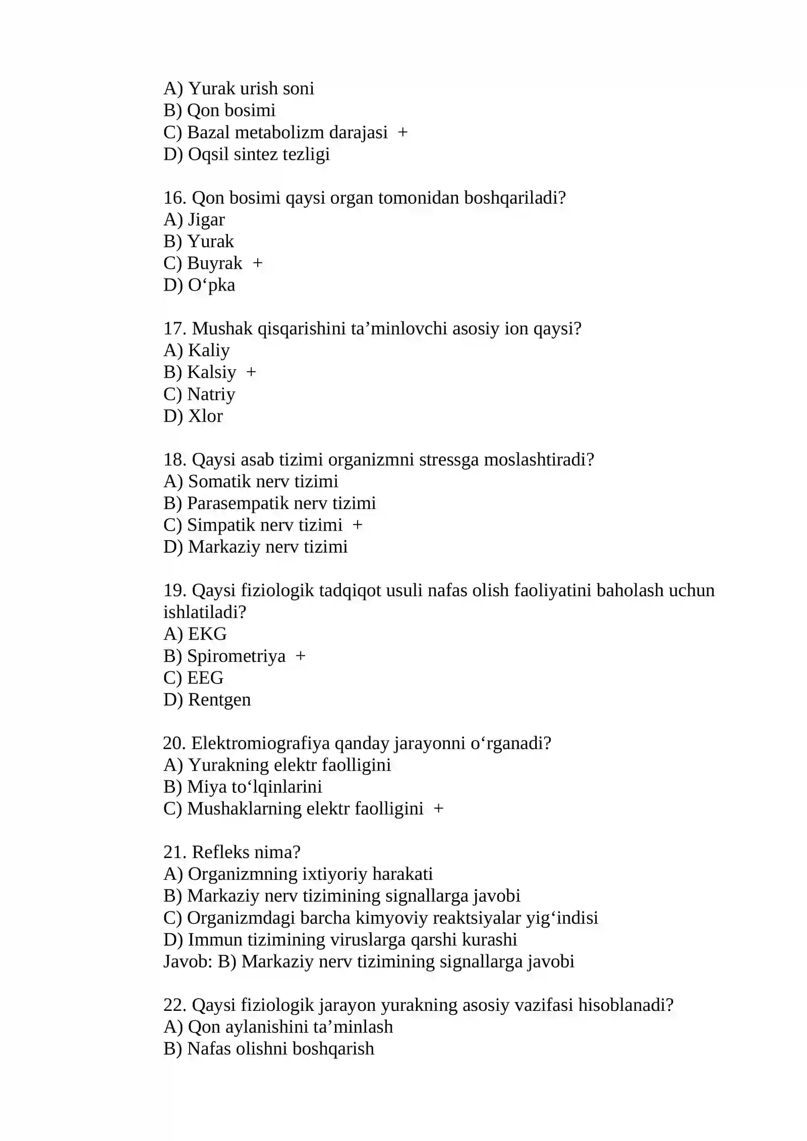 Fiziologiya fani haqida test savollar 3