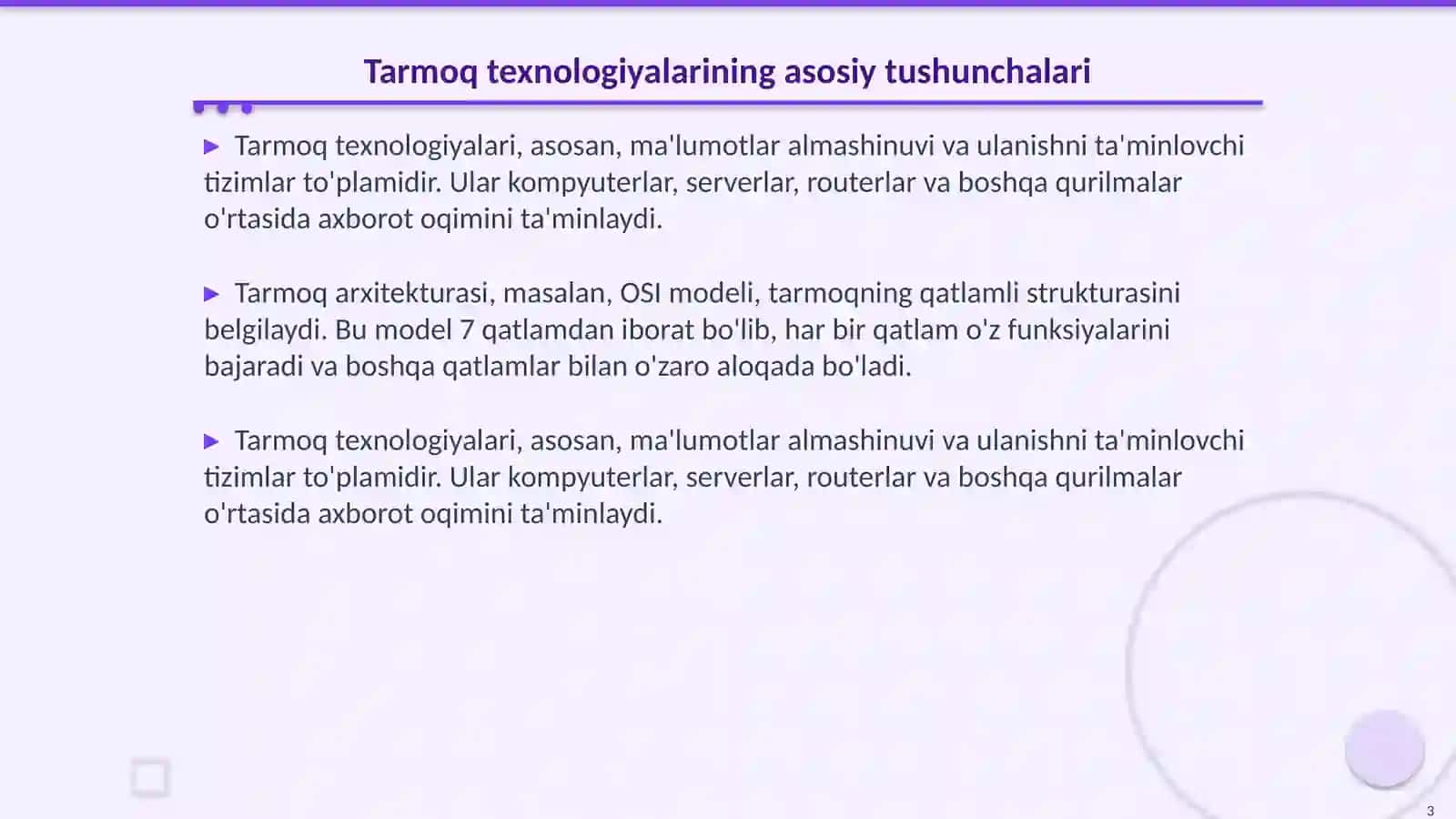Tarmoq texnologiyalari. Internet bayonnomalari. Intemetda xabar almashish va soʻzlashuv xizmatlari 3