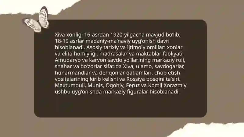 Xiva xonligida madaniy manaviy uygʻonish: Maxtumquli, Munis,Ogohiy, Feruz,Komil Xorazmiy 3