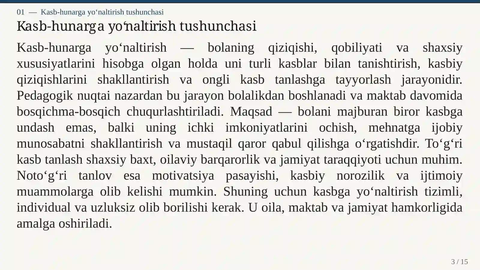 BOLALARNI KASB-HUNARGA YO'NALTIRISH 3