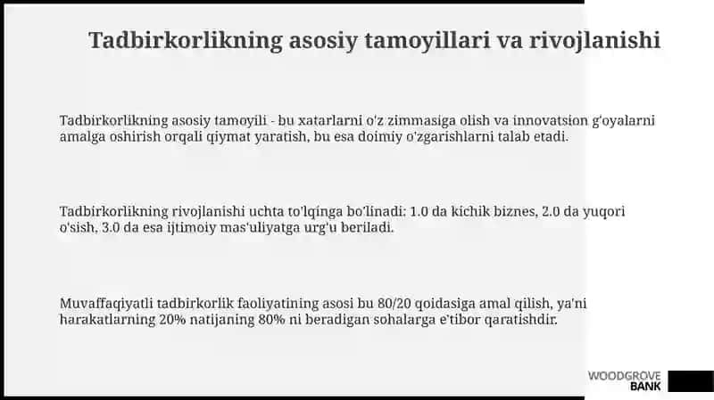 Tadbirkorlikning asosiy tamoyillari va rivojlanish bosqichlar 3