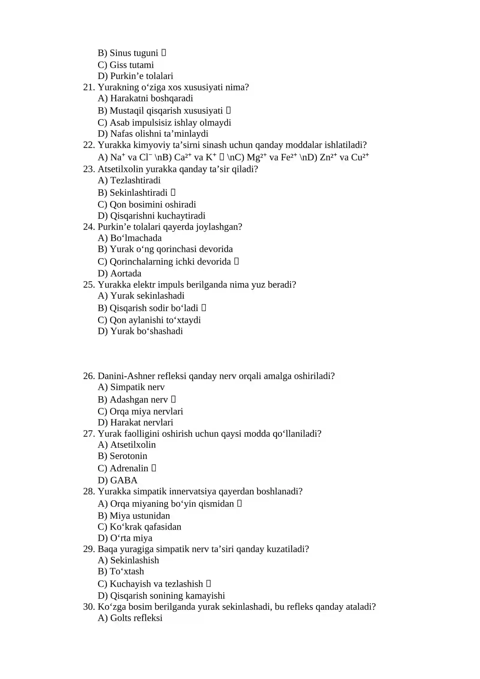 Test Savollari – Yurak faoliyatini boshqarilishi 3