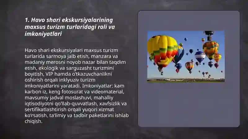 Turizmning maxsus turlarini rivojlantirishda havo shari ekskursiyalarini ishlab chiqish yo’llari. 3