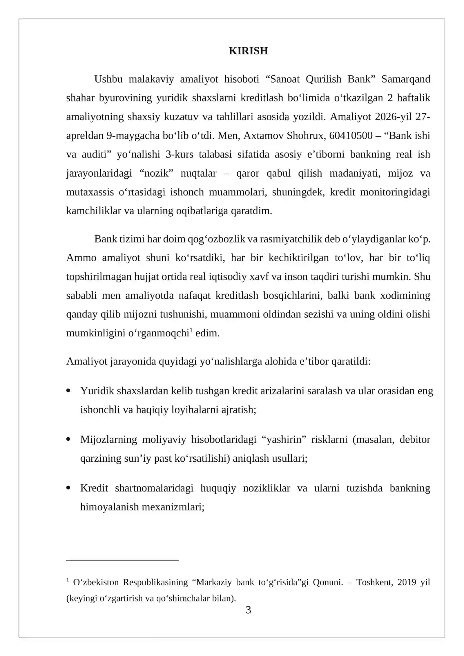 “Sanoat qurilish banki” Samarqand shahar BXOda o‘tkazilgan 
MALAKAVIY AMALIYOT 3