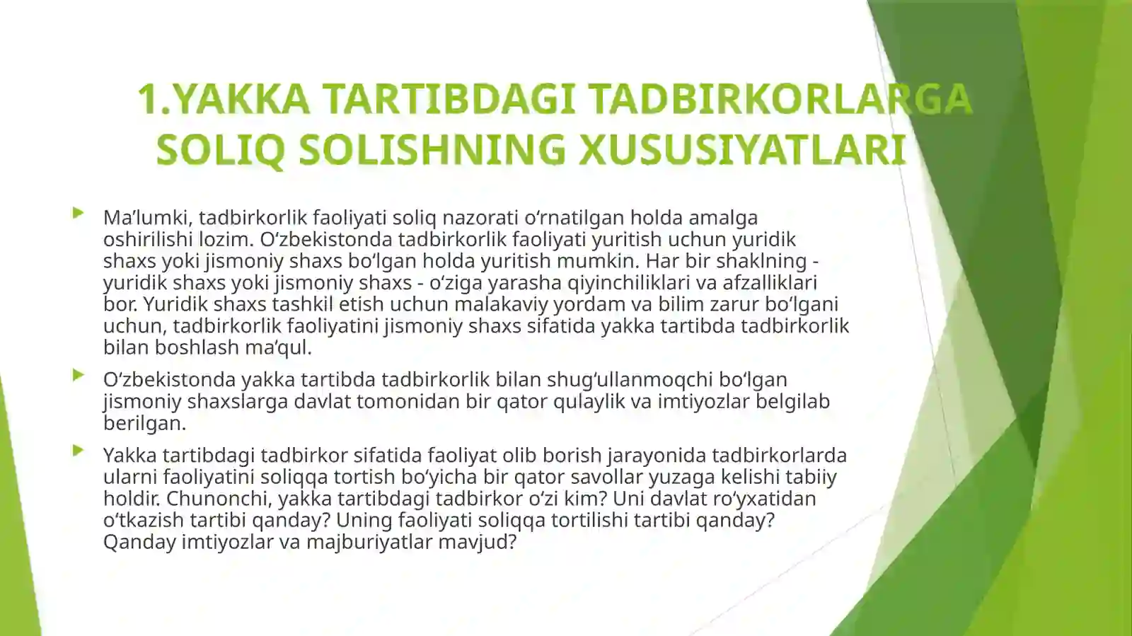 Yakka tartibdagi tadbirkorlarning foydasiga soliq solishning o’ziga xos xususiyatlari 3