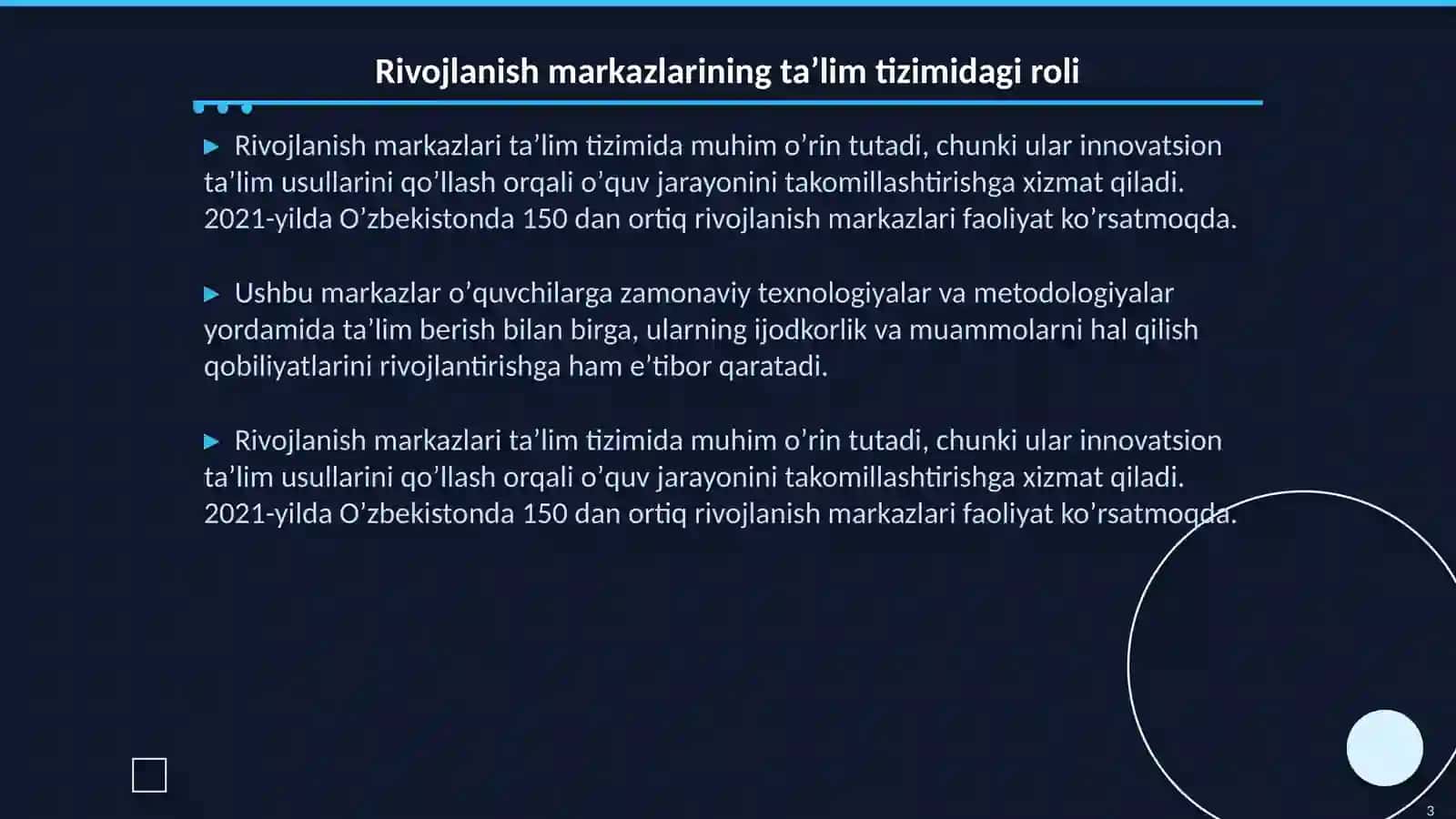 Rivojlanish markazlari, taʼlim faoliyati, ularga qoʻyiladigan talablar 3