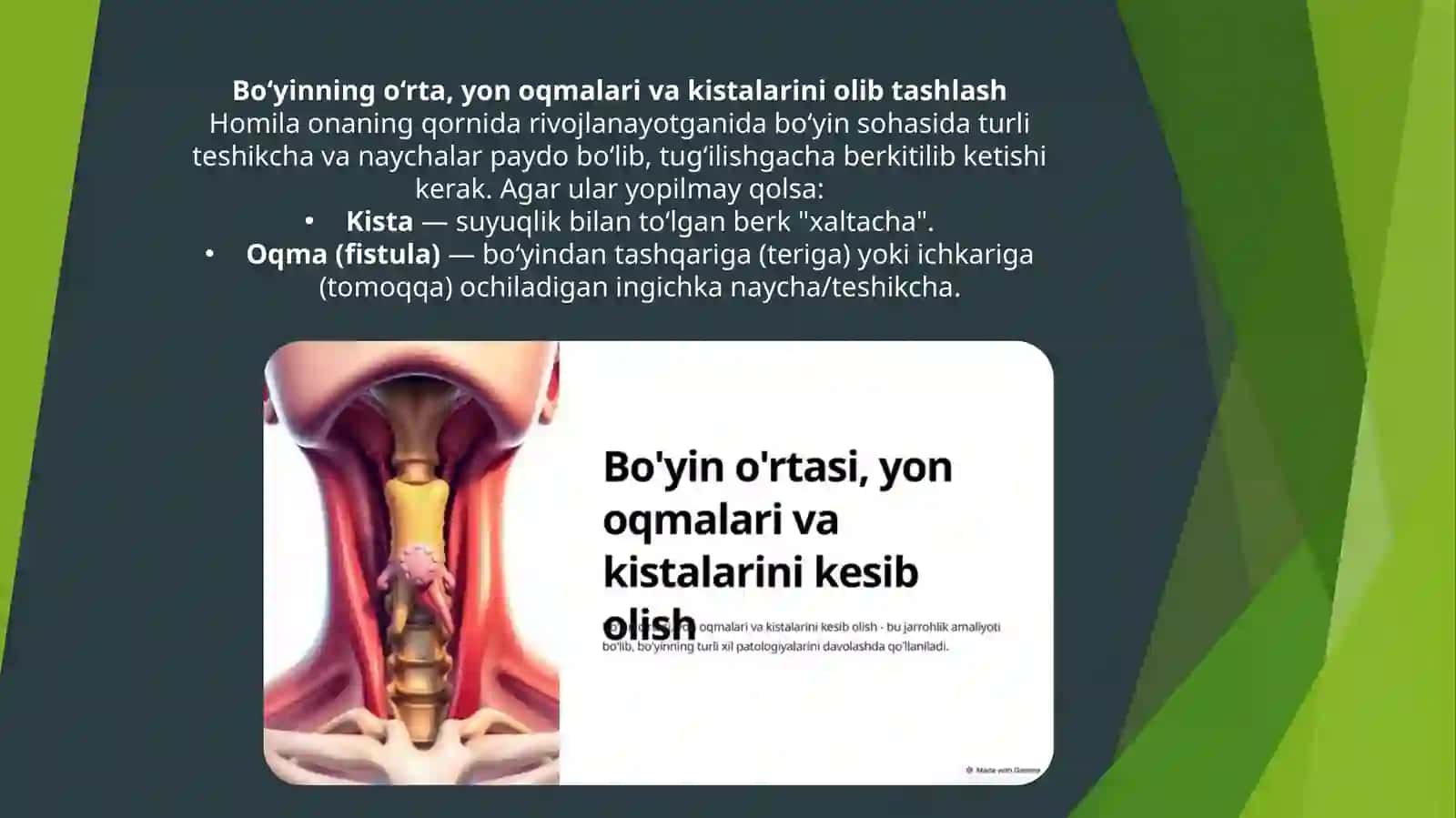 Bo`yinning o'rta, yon oqmalari va kistalarini kesib olish. Ekstrakranial arteriyalardagi zamonaviy operatsiyalar. Bo'yin qiyshiqligida bajariladigan operatsiyalar” 3