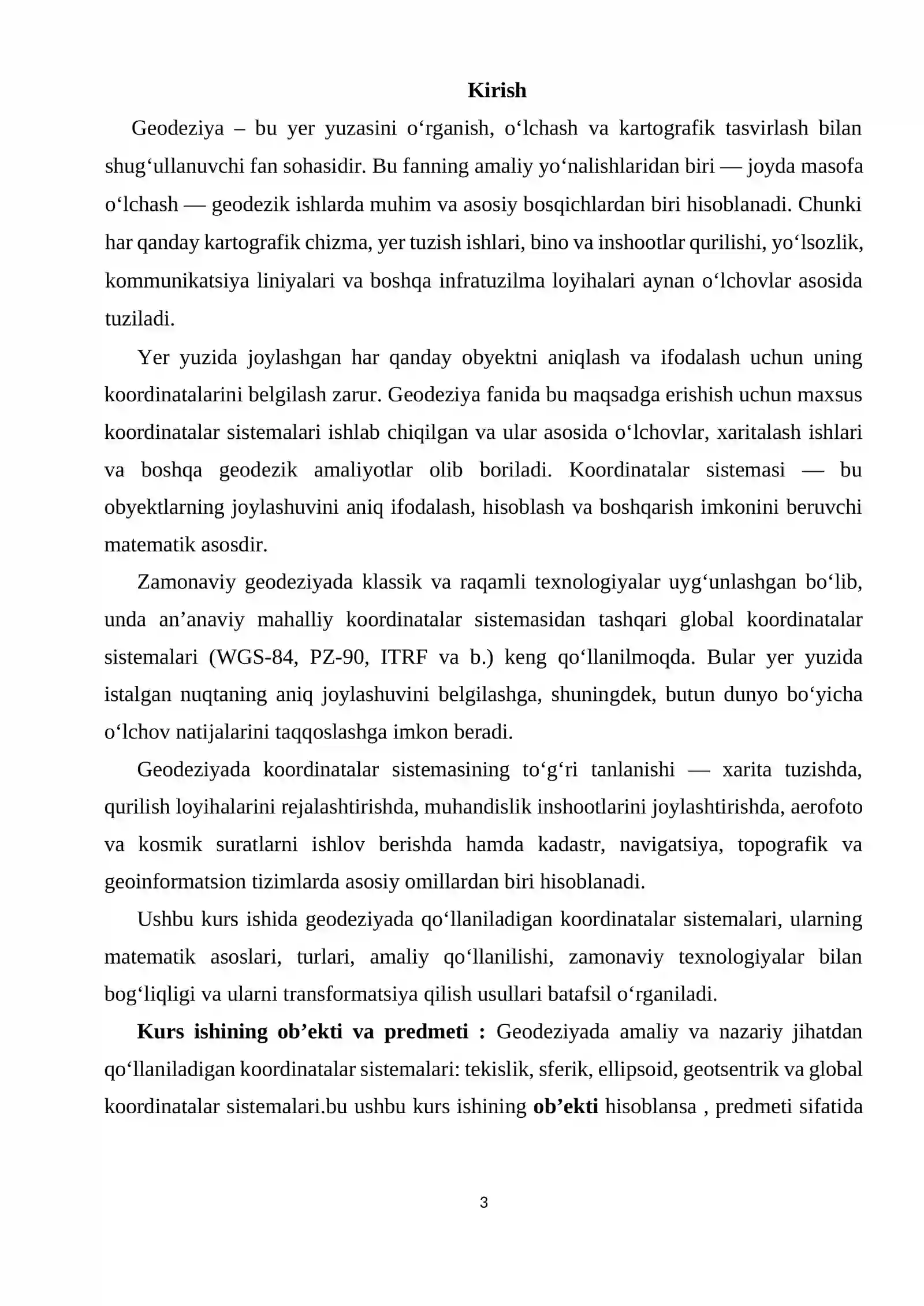 “Geodeziyada qo‘llaniladigan koordinatalar sistemasi” kurs ishi 3