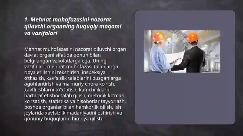 Mehnat muhofazasining huquqiy va tashkiliy asoslarini nazorat qiluvchi organ 3