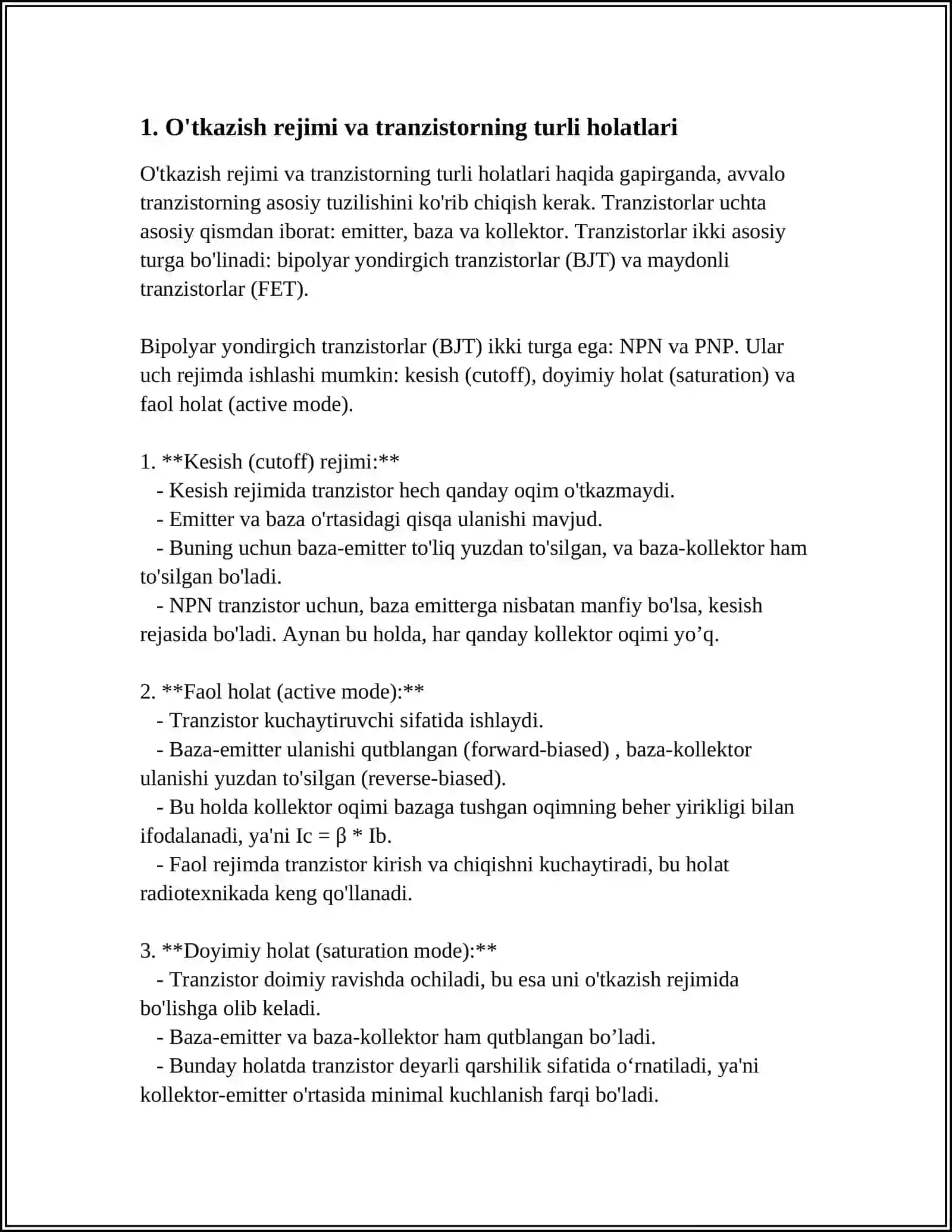 UMUMIY EMITTER SXEMASI BO'YICHA ULANGAN BIPOLYAR TRANZISTODA TAYORLANGAN BIR KASKADLI KUCHAYTIRGICH PARAMETRLARINI ANALITIK HISOBLASH 3