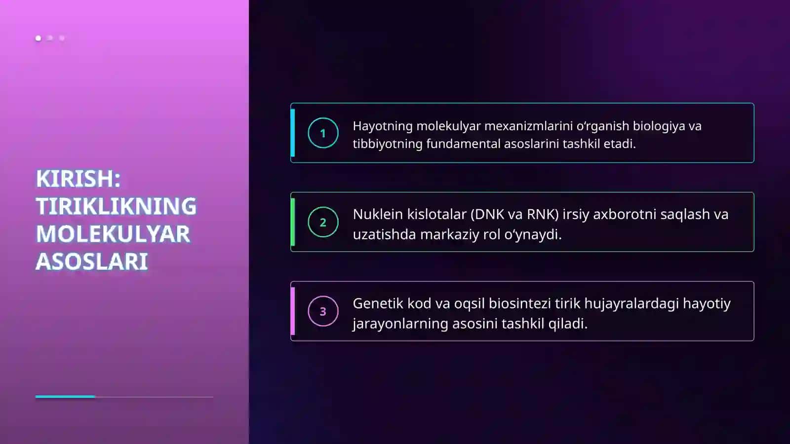 Tiriklikning molekulyar asoslari. Nuklein kislotalar va ularning irsiy belgilarini nasldan-naslga oʻtishdagi roli. DNKning oqsil biosintezidagi roli. Genetik injeneriya 3