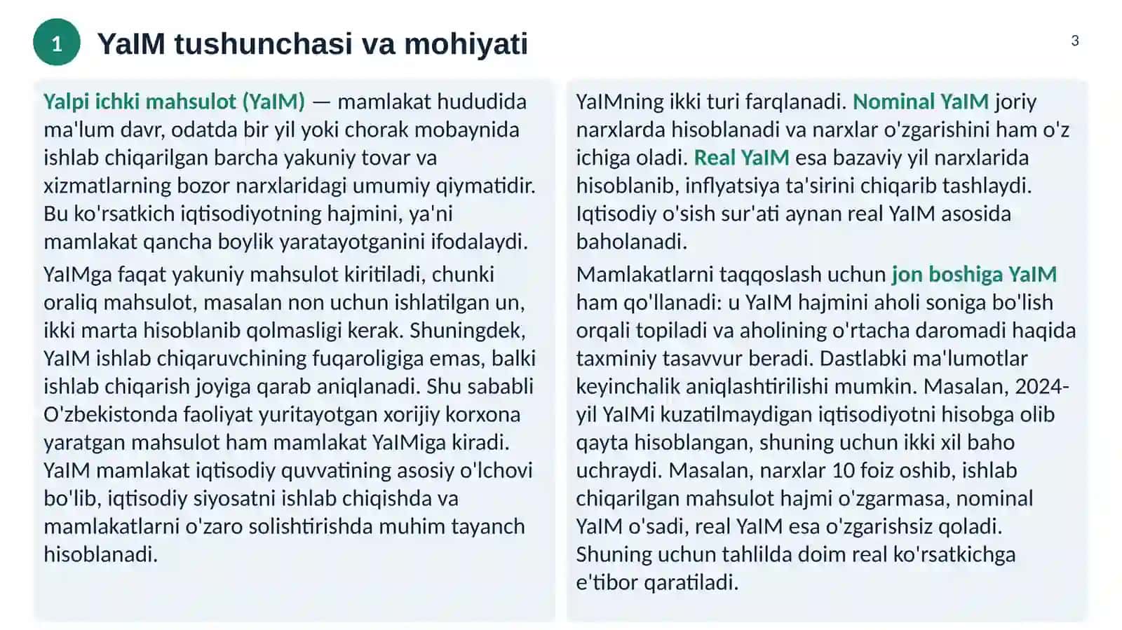 O'zbekiston iqtisodiyotida yalpi ichki mahsulot (YaIM) dinamikasi, tarkibi va o'sish omillari 3