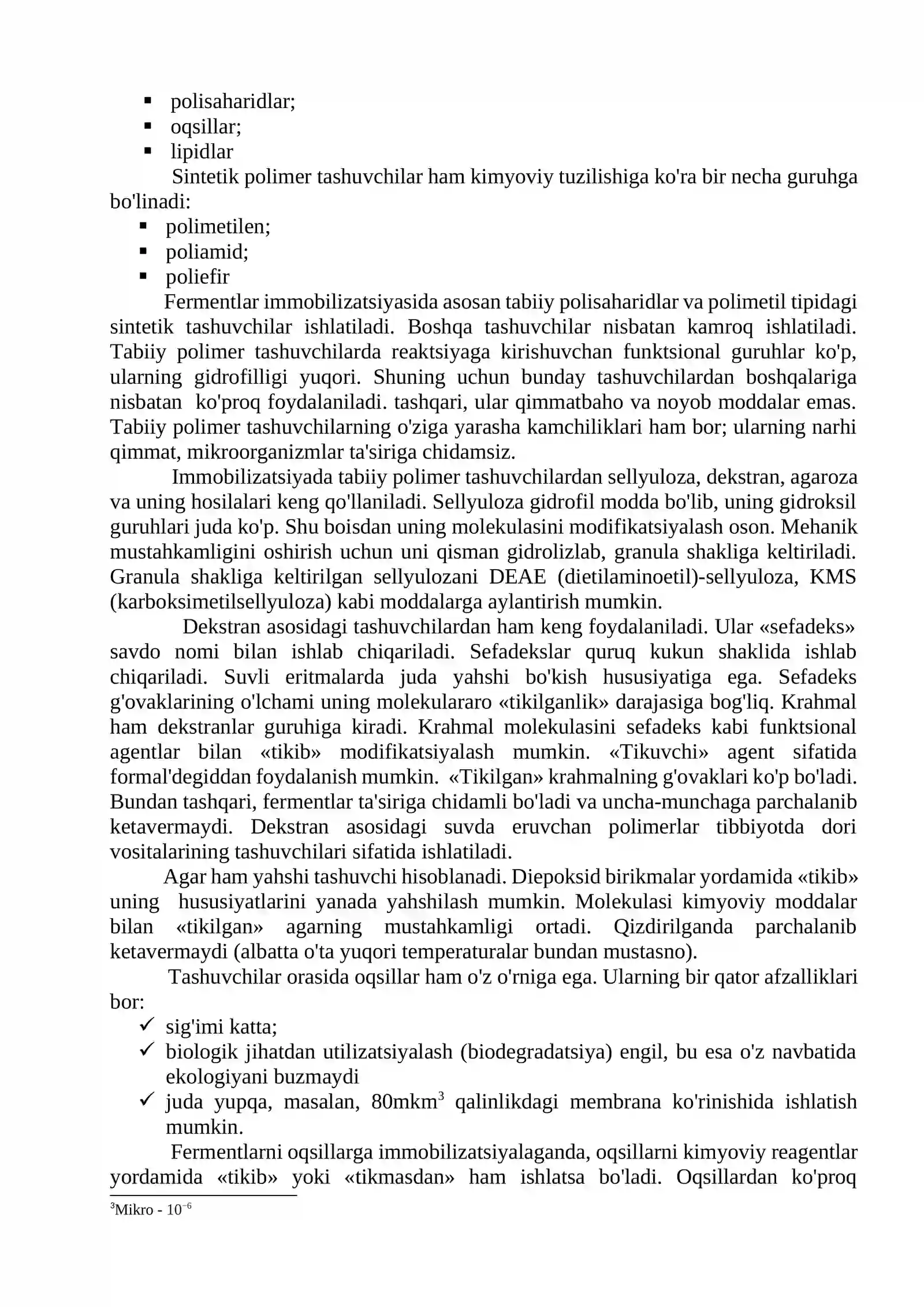 FERMENTLARNI IMMOBILIZATSIYALASH. IMMOBILIZATSIYA TURLARI. IMMOBILIZATSIYALANGAN FERMENTLAR VA ULARGA TA`SIR ETUVCHI OMILLAR 3