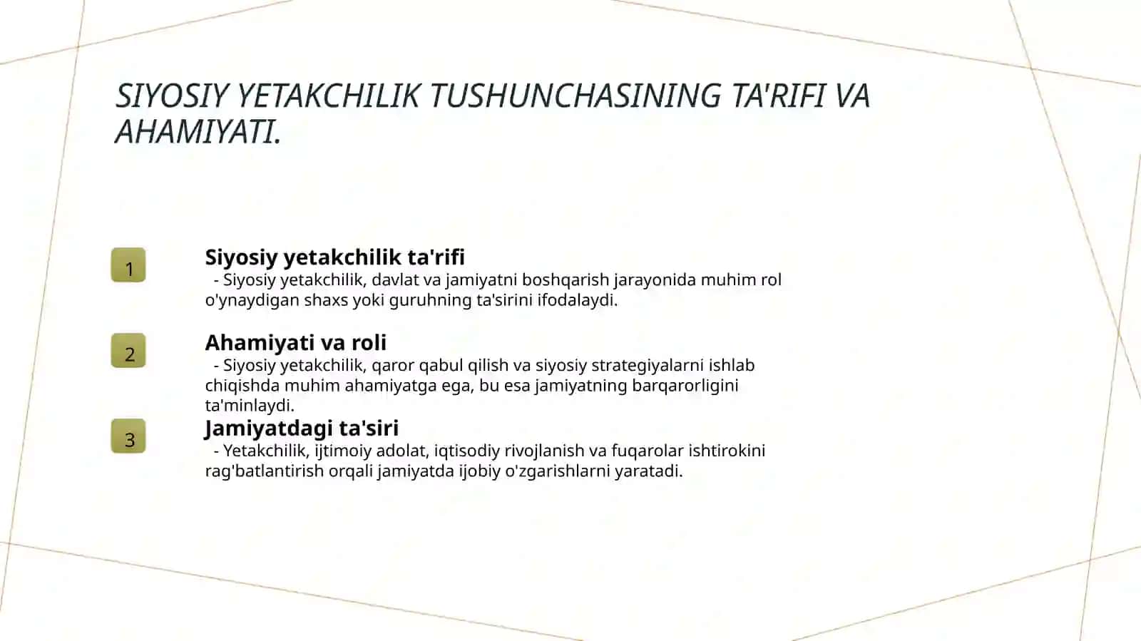 Siyosiy yetakchilik tushunchasi, tuzilishi, asosiy nazariyalari va funksiyalari 3