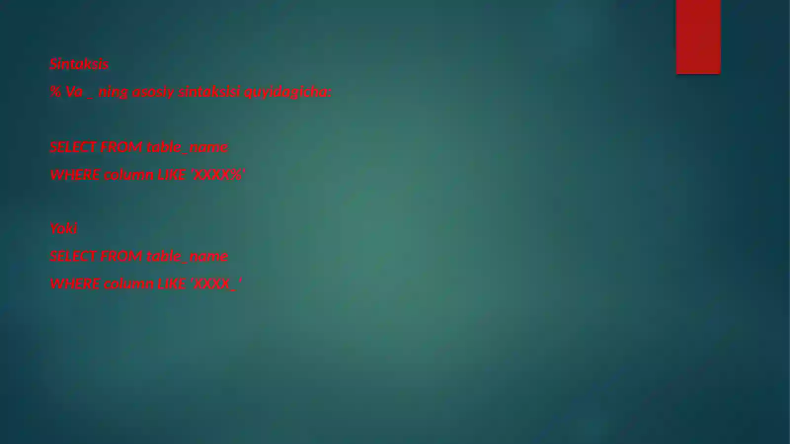 SQL serverda Like, limit bandlari va ularning vazifalari 3