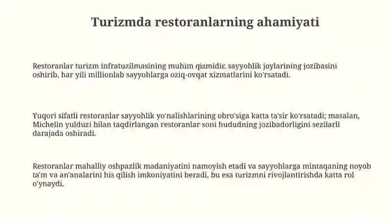 Restoranlar va turizm: o'zaro bog'liqlik va ahamiyat 3