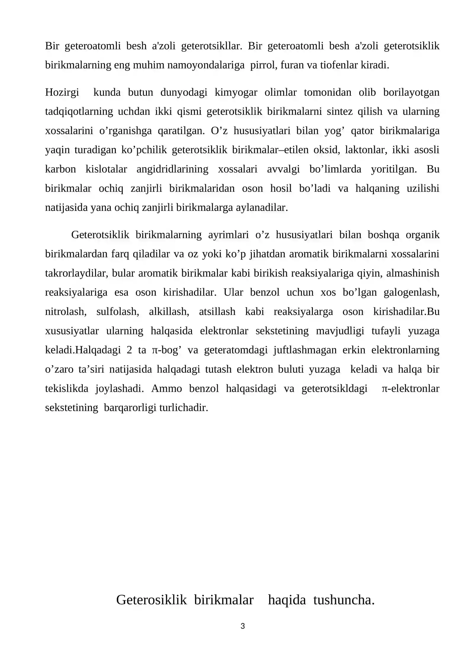 Besh a’zoli,bir geteroatomli geterosiklik birikmalar 3