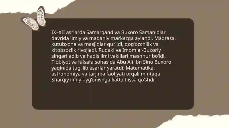 IX-XII asrlarda mamlakatimiz hududida ro'y bergan madaniy uyg'onish(Renessans) buyuk allomalarning jahon sivilizatsiyasiga qo'shgan hissasi 3