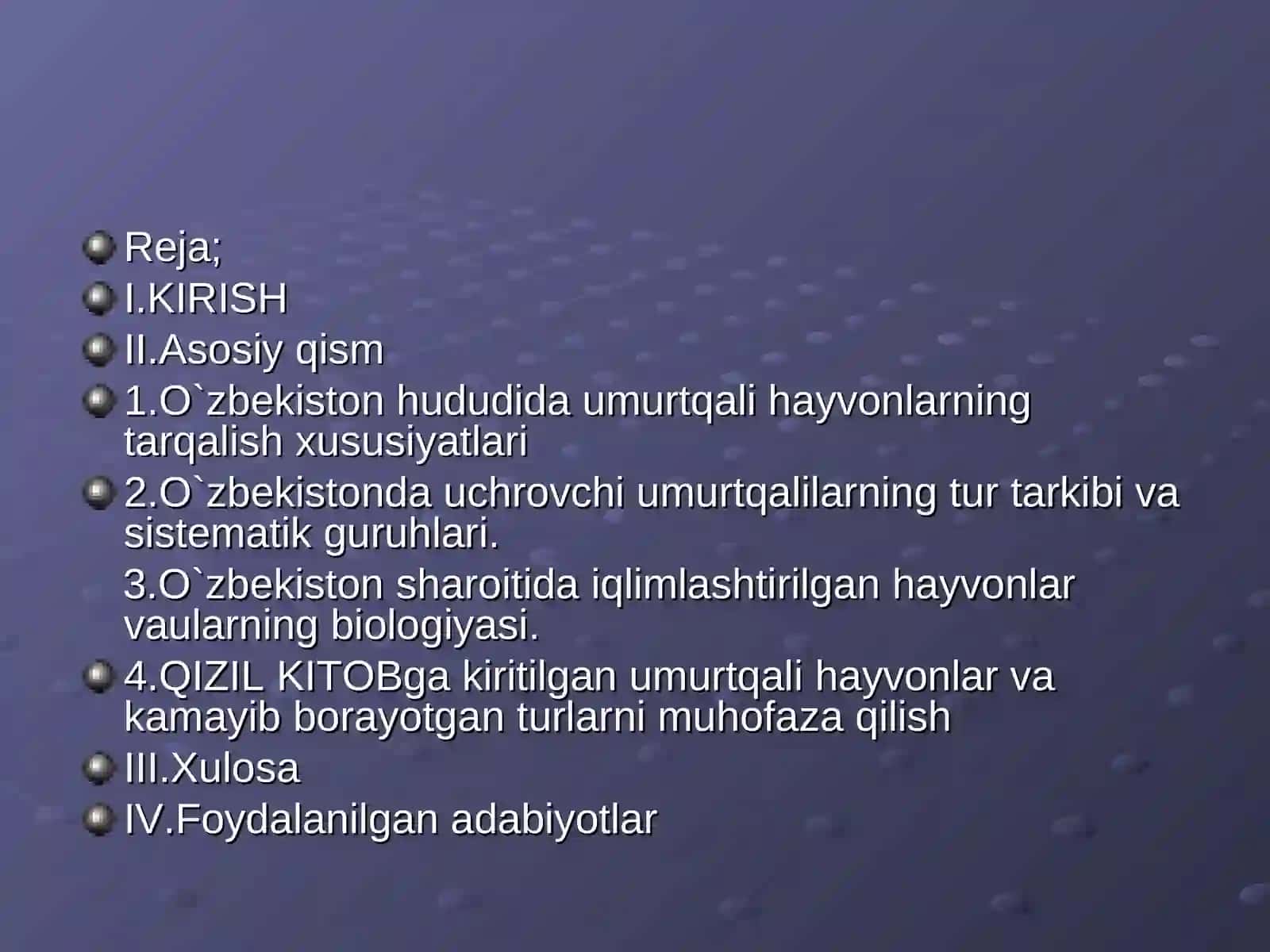 O`ZBEKISTON UMURTQALI HAYVONLARI FAUNASINING BIOLOGIK XILMA-XILLIGI VA O`ZIGA XOSLIGI KURS ISHI 3