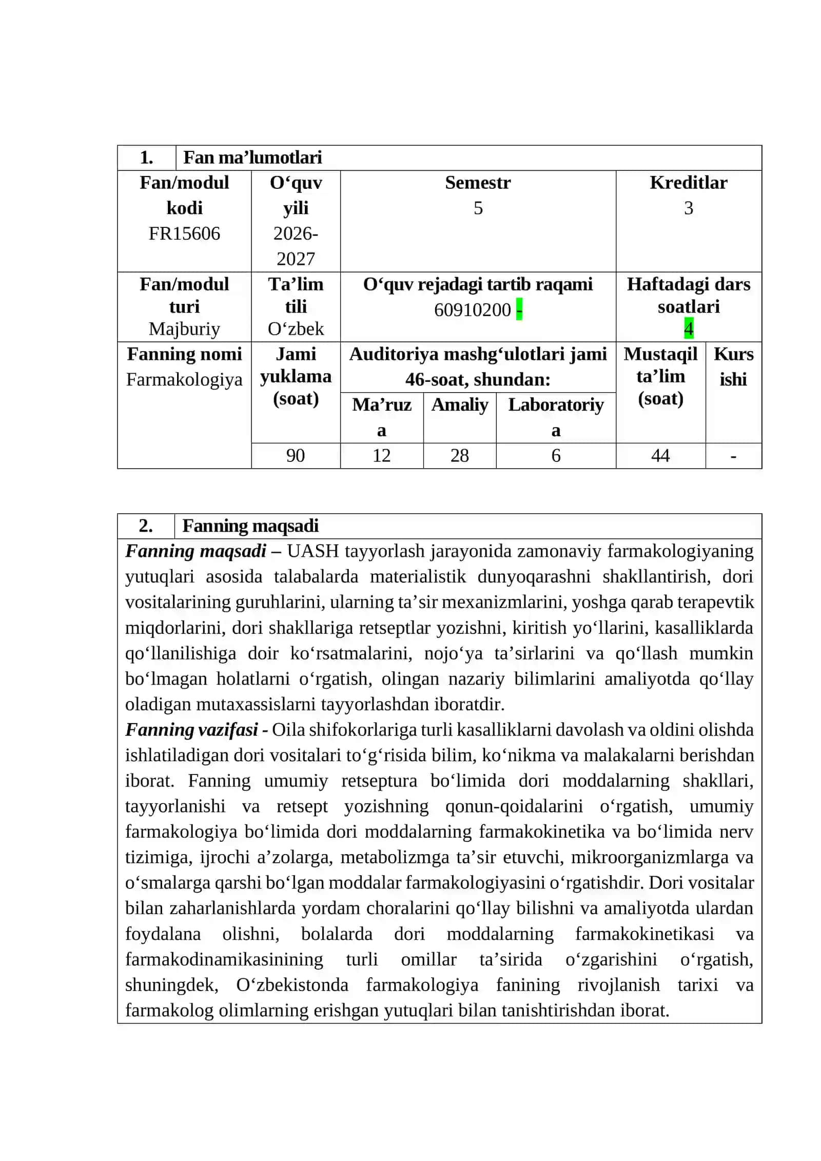 FARMAKOLOGIYA FANINING O‘QUV DASTURI 3
