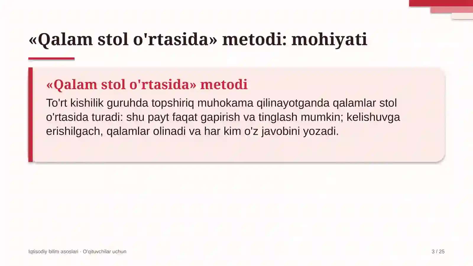 iqtisodiy bilim asoslari darslarida qalam stol o'rtasida metodidan foydalanish 2895 3