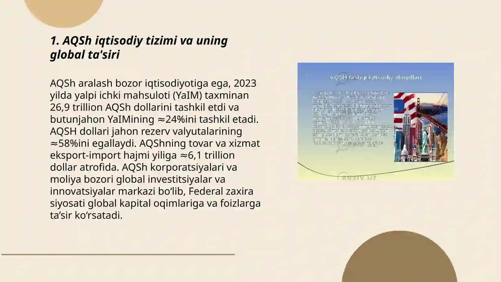 AQSh iqtisodiyoti. Jahon mamlakatlari bilan olib borayotgan iqtisodiy munosabatlari 3
