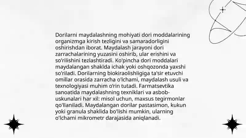 dorilarni og'irlik boʻyicha dozaga boʻlish maydalash Elaklar va maydalik darajasi hovoncha oʻlchamlarining maydalash jarayoniga ta'siri 3