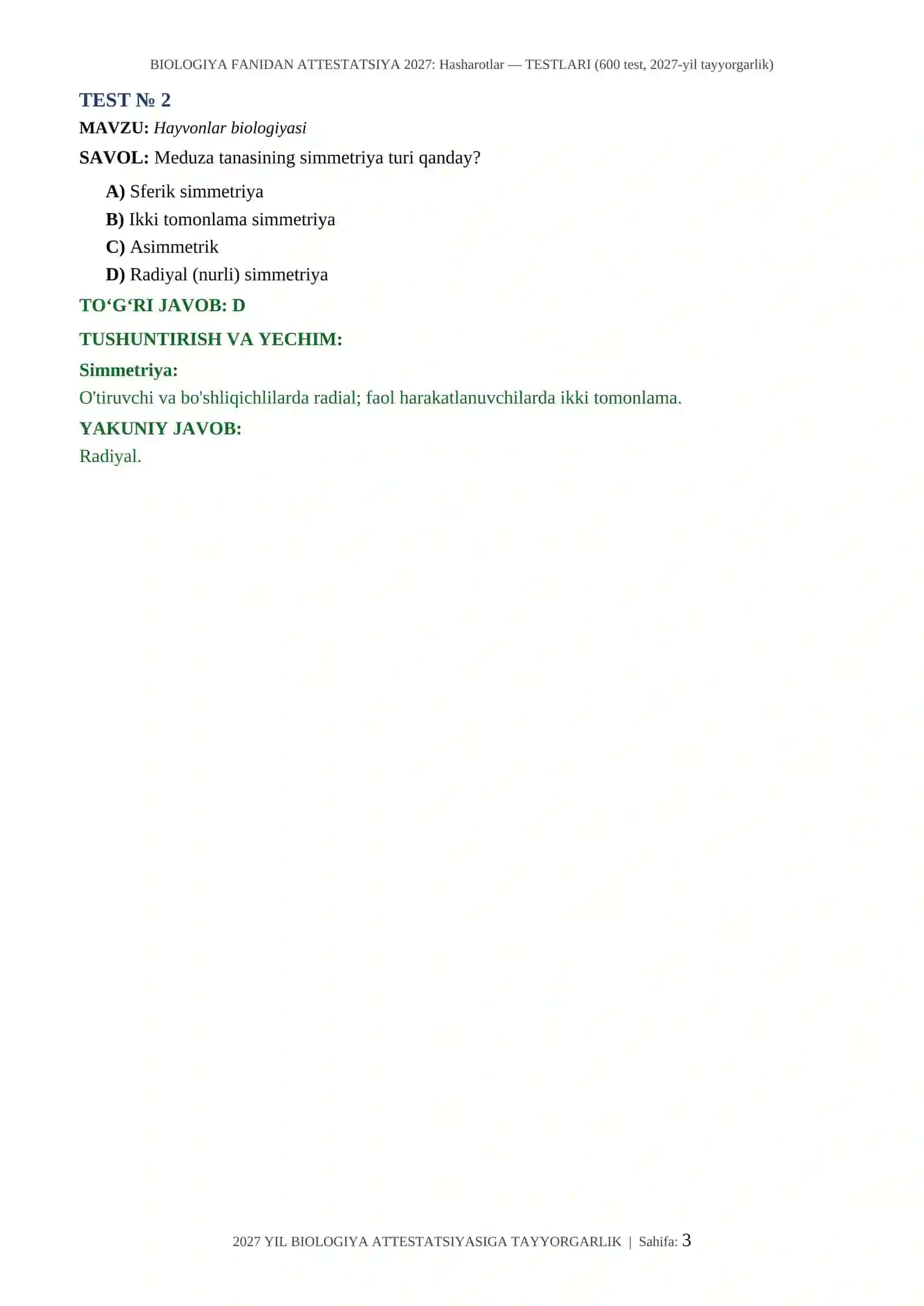 BIOLOGIYA FANIDAN ATTESTATSIYA 2027: Hasharotlar — TESTLARI (600 test, 2027-yil tayyorgarlik) 3