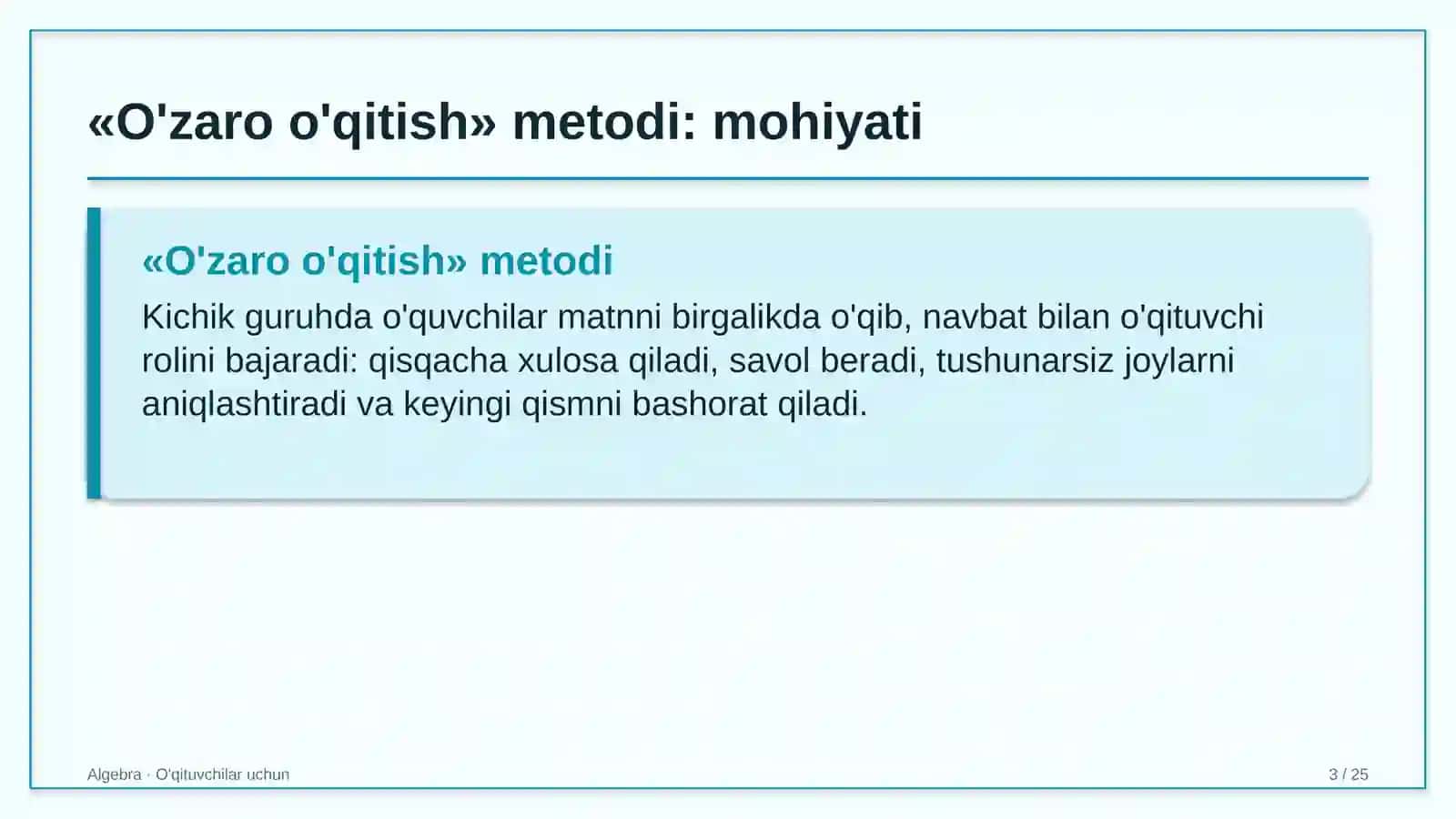 algebra darslarida o'zaro o'qitish metodidan foydalanish 3400 3