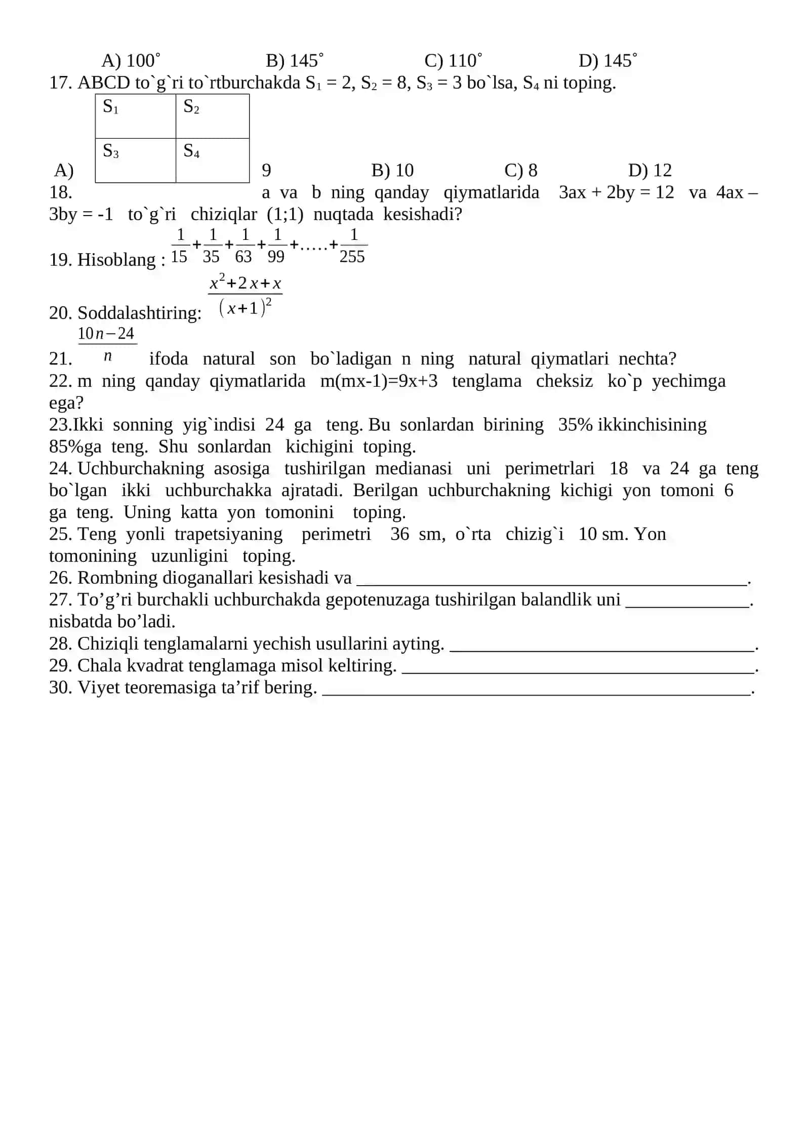 MATEMATIKA 8-sinf Yozma ish 3