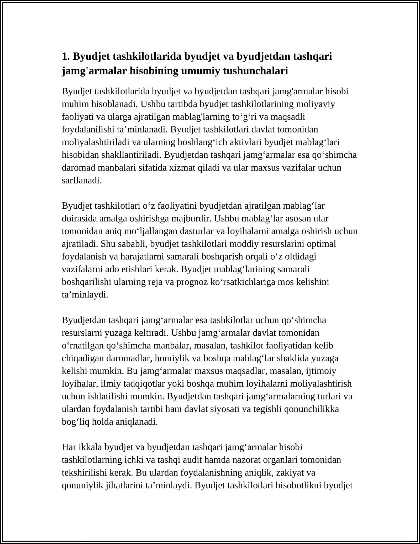 MUSTAQIL ISH: “BUDJET TASHKILOTLARIDA BUDJET VA BUDJETDANTASHQARI JAMGARMALAR BILAN HISOBLASHUVLAR HISOBI” 2025-2026-o'quv yili 3