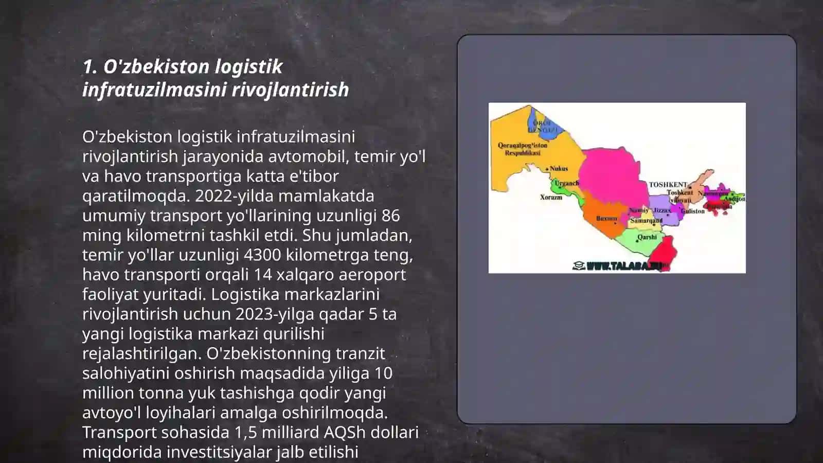 O'zbekiston ichi va chegaradosh davlatlar orasida logistika sohasini kuchaytirish 3