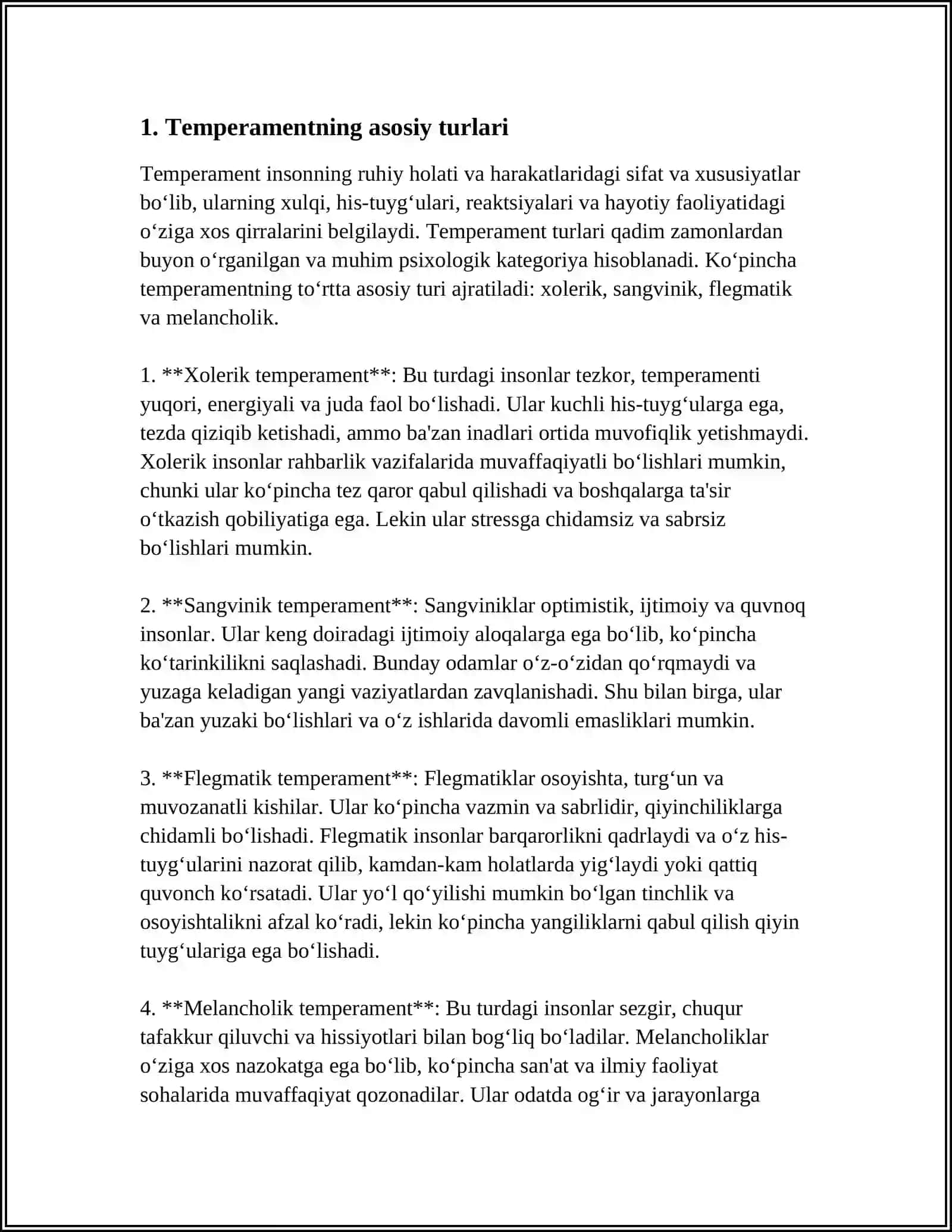 TEMPERAMENT VA UNING TURLARI. SHAXS XARAKTERI VA UNING UZIGA XOSLIGI 3