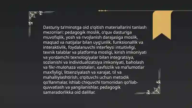 Dasturiy taminotga oid oʻqitish materiallarini tanlash mezonlari 3