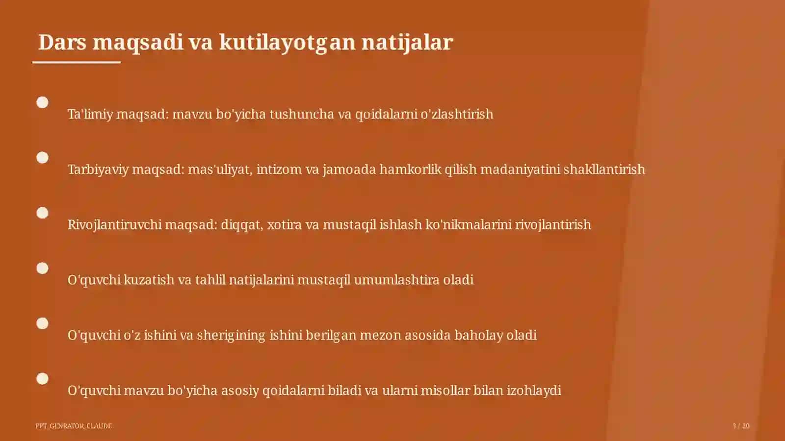 Dars tahlili: kuzatuv va baholash mezonlari 3