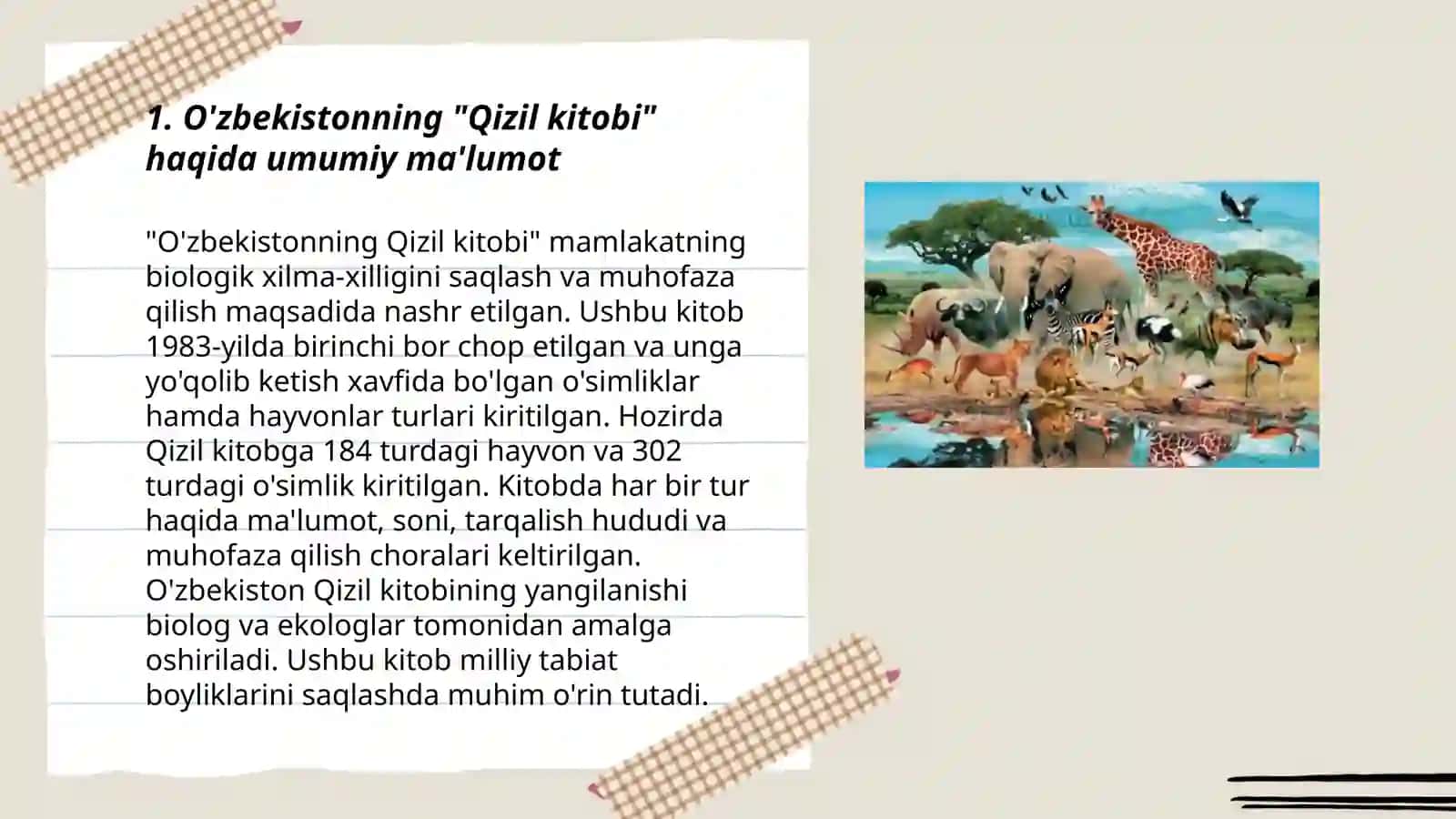 O'zbekiston "Qizil kitob"'iga kiritilgan o'simliklar va hayvonot olami haqida ma'lumot tayyorlash 3