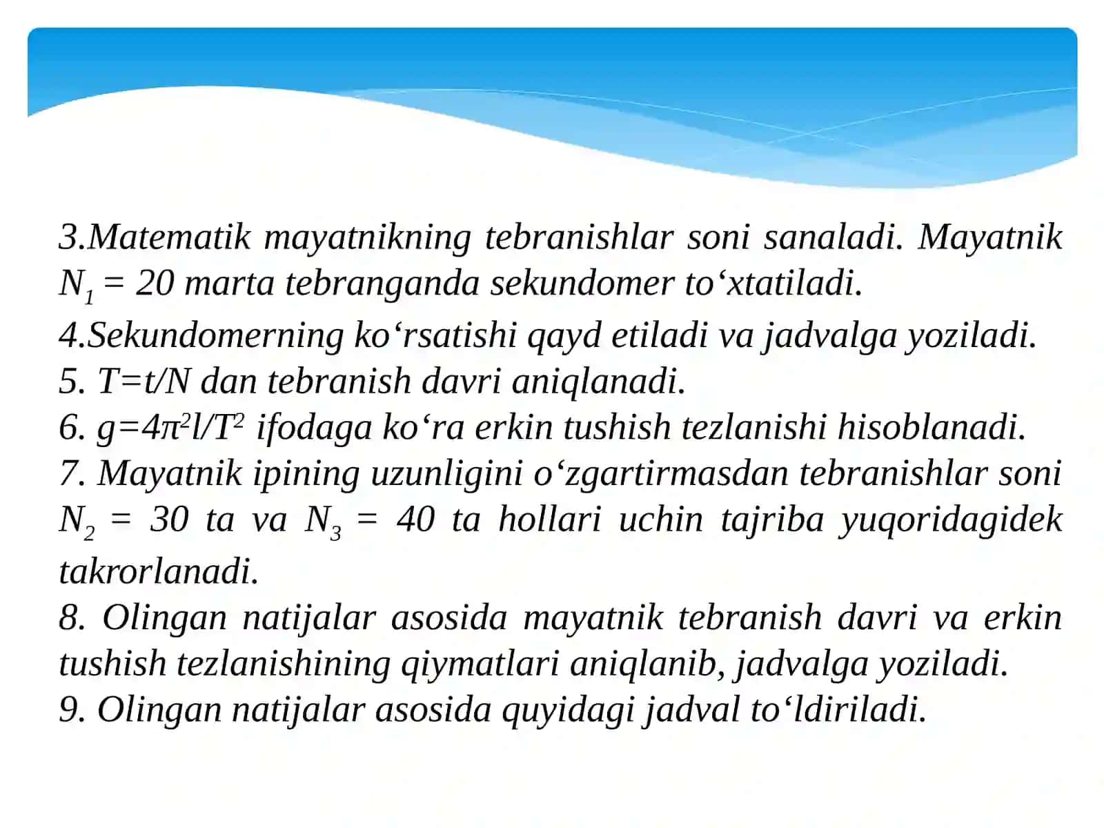 LABORATORIYA ISHI: MATEMATIK MAYATNIK YORDAMIDA ERKIN TUSHISH TEZLANISHINI ANIQLASH 3