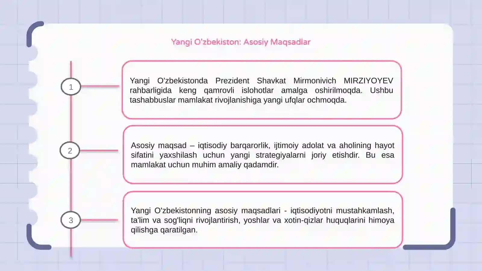 Yangi O'zbekistonda Prezident Shavkat Mirmonivich MIRZIYOYEV rahbarligi va tashabbusi ostida amalga oshirilayotgan islohotlar 3