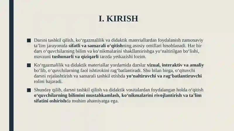 Darsni tashkil qilish ko‘rgazmalilik va didaktik materiallardan foydalanish 3
