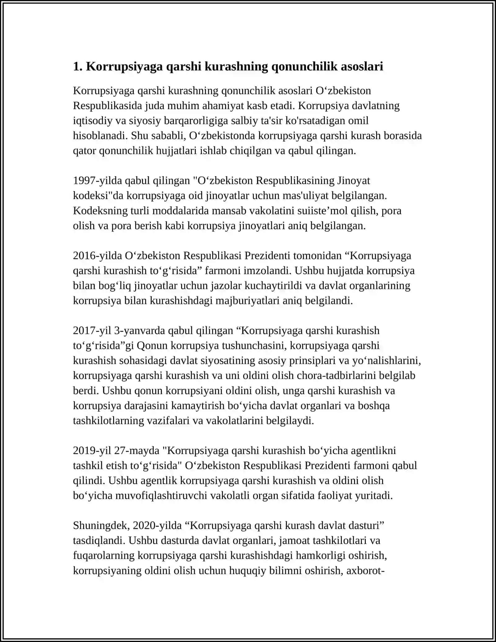 MUSTAQIL ISH Mavzu: O'ZBEKISTONDA KORRUPSIYAGA QARSHI KURASH MASALALARI 3