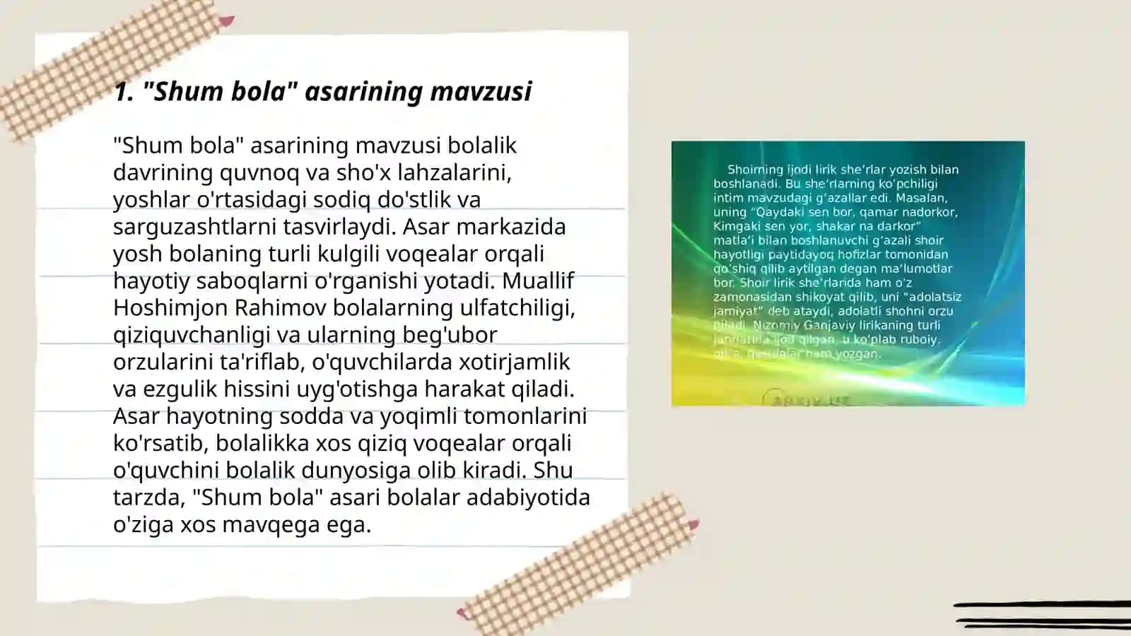 "Gʻafur Gʻulomning Shum bola asari tahlili va sheʼrlari" 3