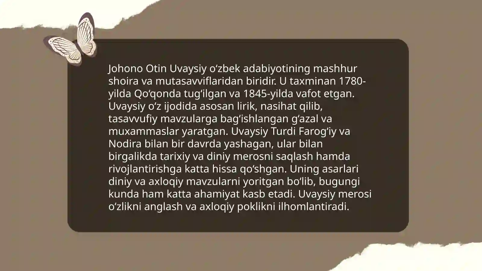 Johono Otin Uvaysiy va Mohlaroyim Nodira ijodiy merosi.Sheriyati.Uvaysiy Mohlaroyim Nodiraning ijodiy merosi.Sheriyati.Shoira sheʼriyatida ruhiyat tasviri va ishq talqini.Shoira lirikasida ayriliq- hijron motivlari 3