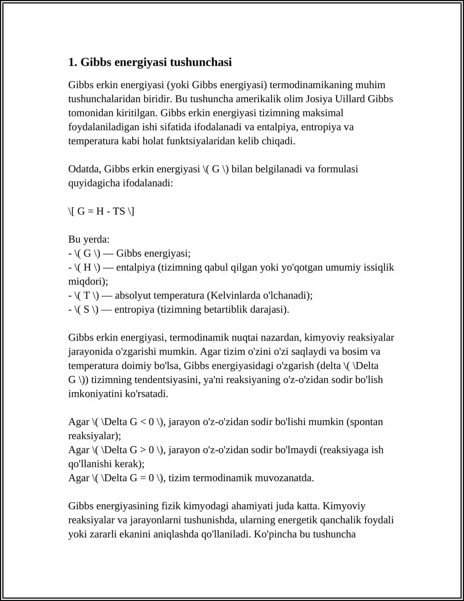 GIBBS ENERGIYASINI O'ZGARISHI VA REAKSIYANING YO'NALISHI GELMGOLSNING ERKIN ENERGIYASI 3