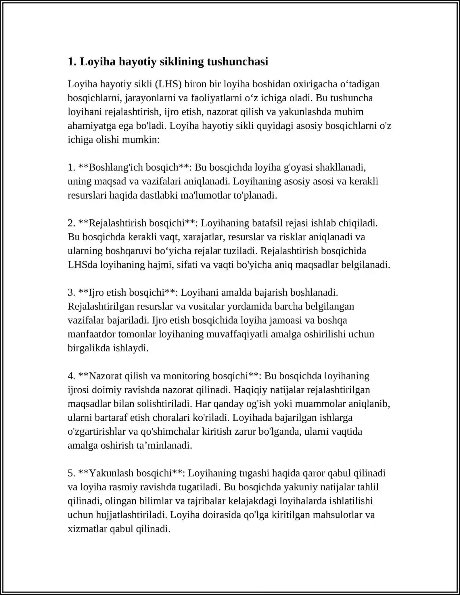 LOYIHA HAYOTIY TSIKLI VA UNING BOSQICHLARI 3